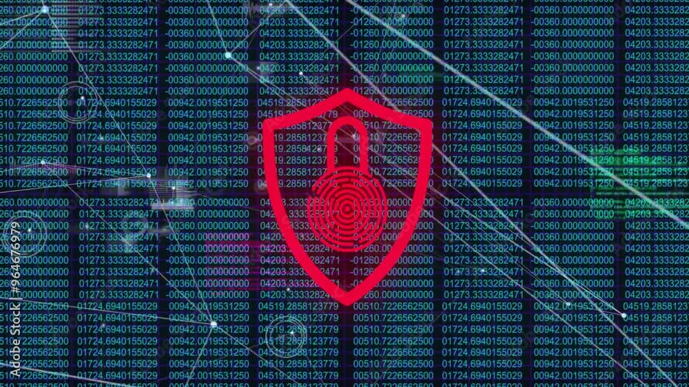 Poster animation of padlock icon with biometric fingerprint and data processing