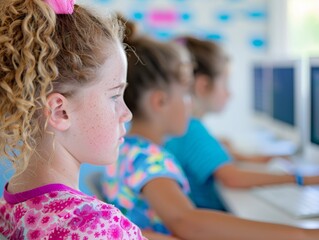 Diverse Young Students Learning Computer Programming in a Classroom Setting, Guided by a Teacher, Focused and Engaged in Coding Exercises, Daytime