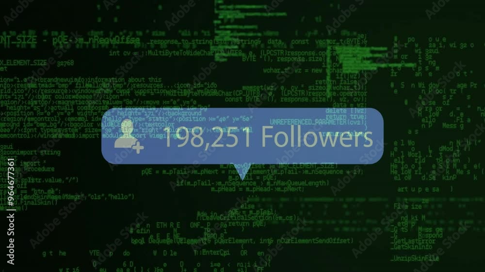 Poster animation of followers text and icon over digital data processing on dark background