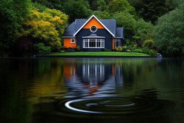 Fototapeta premium Pond reflecting the spooky house in a way that seems unnatural, with ripples forming even in the absence of wind