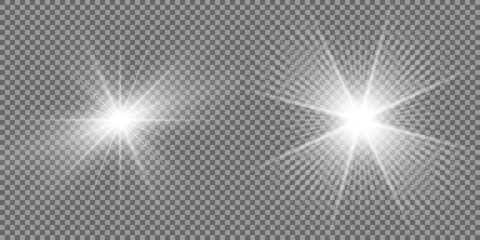 Glowing light bursts with sparkles. Glow light effect set, lens flare, explosion, glitter, line, sun flash, spark and star. Abstract image of lighting flare and white stars. Vector illustration