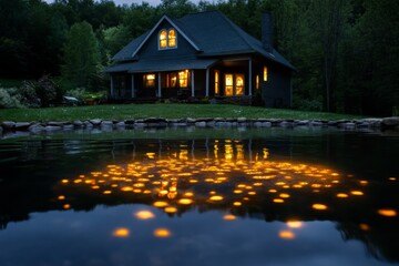 Fototapeta premium Pond with glowing eyes barely visible beneath the surface, watching as visitors approach the spooky house