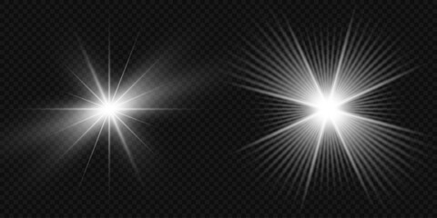 Glowing light bursts with sparkles. Glow light effect set, lens flare, explosion, glitter, line, sun flash, spark and star. Abstract image of lighting flare and white stars. Vector illustration