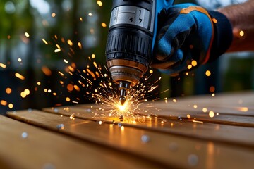 Power drill spinning as it drives screws into a new deck, the sound of progress filling the air