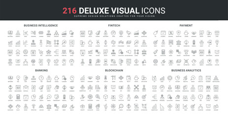 Business intelligence and data analytics, access to banking services, blockchain technology line icon set. Digital money payment, fintech digitalization thin black outline symbols vector illustration