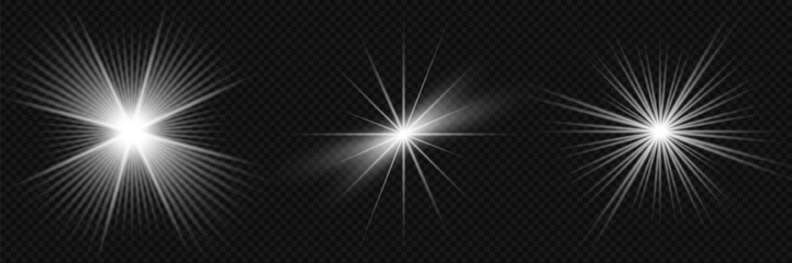 Glowing light bursts with sparkles. Glow light effect set, lens flare, explosion, glitter, line, sun flash, spark and star. Abstract image of lighting flare and white stars. Vector illustration