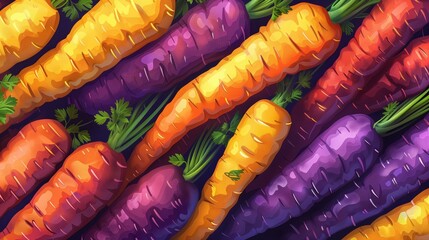 Colorful carrot varieties. Vegetable is rich in vitamin A, antioxidants, and fiber. It is used fresh, boiled. Beneficial for vision, skin, and the immune system. Vector illustration.
