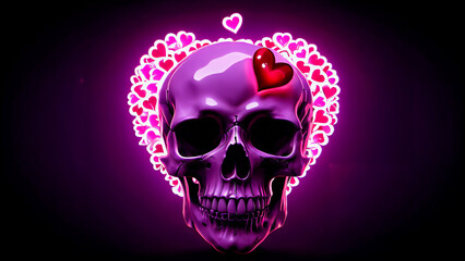Fusion of Love and Death: A Glossy 3D Composition of Hearts and Skulls Blending Valentine's Day Affection with Día de Muertos Symbolism, Exploring the Duality of Life and Death