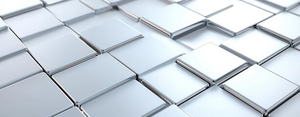 Obraz premium Close-up view of modern metallic tiles in an abstract arrangement, showcasing reflective surfaces and geometric patterns.