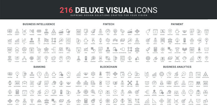 Business intelligence and data analytics, access to banking services, blockchain technology line icon set. Digital money payment, fintech digitalization thin black outline symbols vector illustration