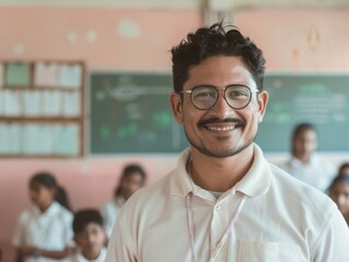 Passionate Indian Male Teacher Explaining Science Experiment to Engaged High School Students in Sunlit Classroom