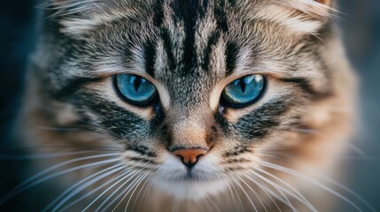 Close-up of a cat with striking blue eyes and detailed fur patterns.