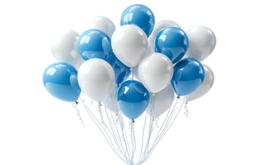 a bunch of blue and white balloonson a white background.