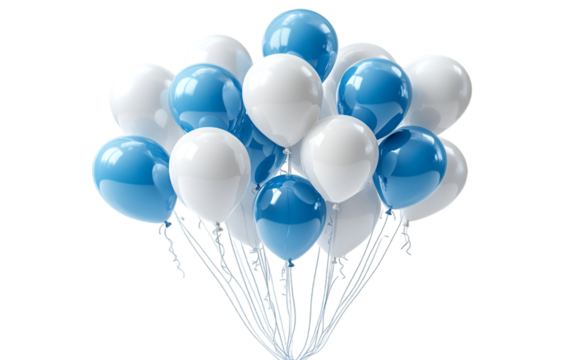 a bunch of blue and white balloonson a white background. - Powered by Adobe