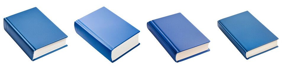 Four blue books stacked in a row, showcasing a minimalist design perfect for educational or literary themes in stock photography. Isolated on transparent background.