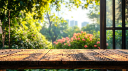 Empty Wooden Table Top Against Blurred Green Garden Background with Open Door, Ideal for Product Display and Presentation Concepts, Outdoors in Natural Setting Promoting Freshness and Serenity