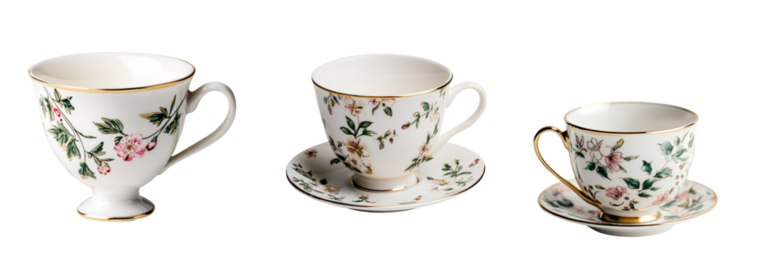 Elegant set of porcelain cups with floral designs and gold accents, perfect for tea parties and special occasions. Isolated on transparent background. - Powered by Adobe