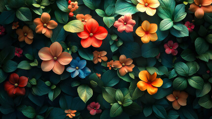 Fototapeta premium Vintage Fantasy Floral 3D Model Wallpaper with Colorful Leaves and Flowers for Elegant Decor and Design Inspiration