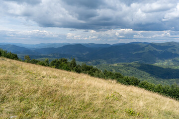 Mountains ranges Carpathian. Hill forest and meadows valley in summer. Cloud sky