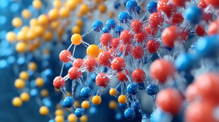 Abstract Molecular Structure with Red  Blue  and Yellow Spheres