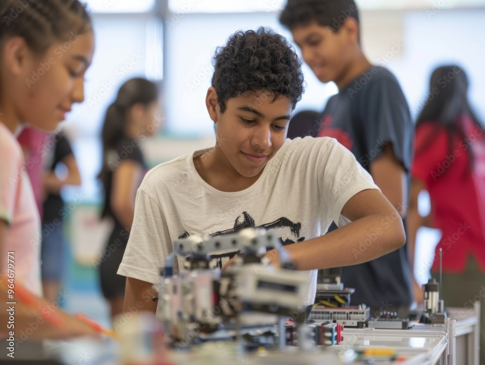 Leinwandbilder diverse high school students engaged in collaborative robotics project in modern classroom setting