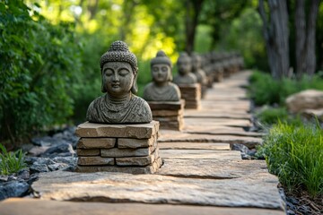 Obraz premium Walkway lined with broken statues leading up to the house, each figure seeming to watch as visitors pass by