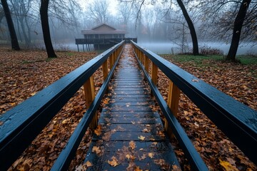 Walkway disappearing into the fog as it leads toward the pond and the spooky house, the air thick with an unsettling chill