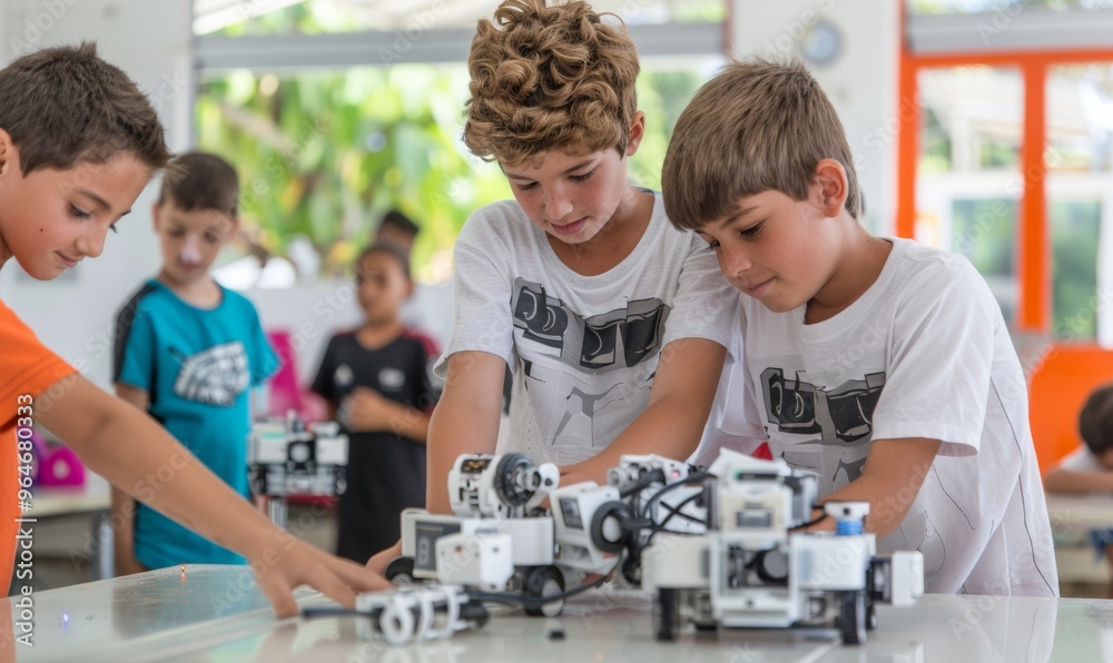 Leinwandbilder Young Male Students Collaboratively Programming Robots in a Dynamic Tech Classroom during Daytime, Fostering Community and Knowledge Sharing