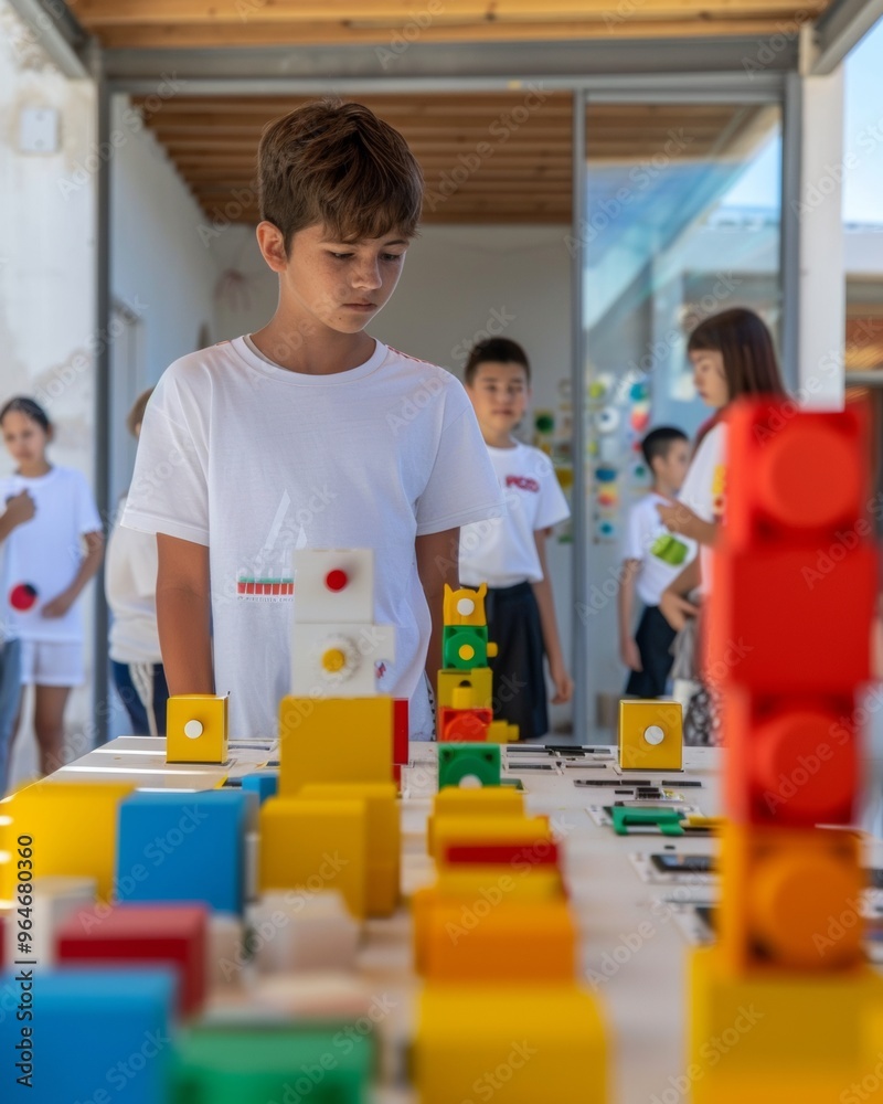 Leinwandbilder a group of diverse middle school students presenting robotics project at a daytime school exhibition