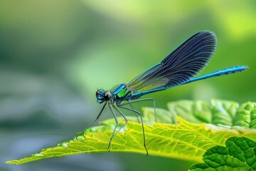  A red dragonfly up-close on a green leaf, background softly blurred. Beautiful simple AI generated image
