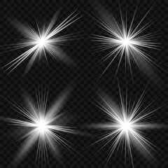 Glowing light bursts with sparkles. Glow light effect set, lens flare, explosion, glitter, line, sun flash, spark and star. Abstract image of lighting flare and white stars. Vector illustration