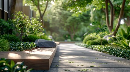 Obraz premium A modern rooftop garden with sleek pathways and lush greenery in a contemporary urban environment, creating a peaceful and refreshing atmosphere.
