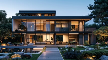 Fototapeta premium A modern luxury house with large windows and an open floor plan in a suburban setting, creating an elegant and sophisticated atmosphere.