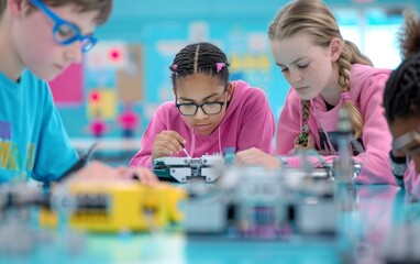 Diverse Group of Teen Students Collaborating on Robotics Project in Modern Classroom, Daytime, Engaged Learning, and Supportive Teamwork