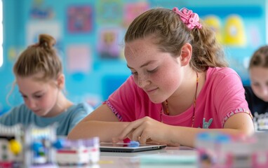 Focused Preteen Girls Collaborating on Robotics Project in Modern Classroom, Daytime Learning, Teamwork, STEM Education, Youth Innovation, Supportive Environment