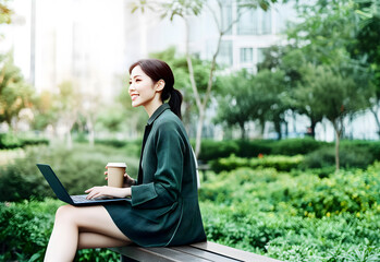 Fototapeta premium A young Chinese woman in professional attire sits on the bench, smiling and holding coffee to go while using her laptop outdoors with green plants and buildings behind her.
