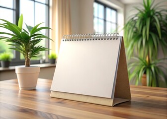 Fototapeta premium Empty spiral desk calendar 3d mock-up in table home and office Blank 3D table calendar. Office and home decor. Bright minimal background photo for your content