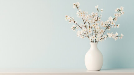 A white vase with white flowers sits on a shelf