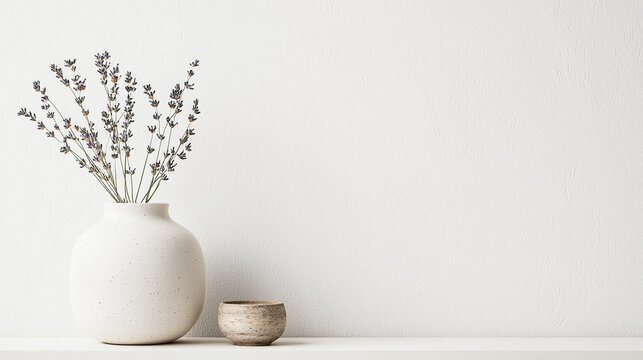 A white vase with lavender flowers sits on a shelf