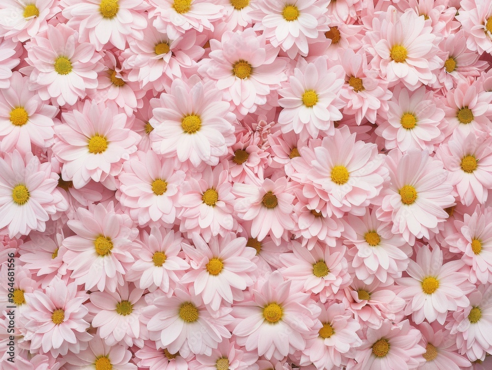 Poster Aerial View of Symmetrical Pink Pastel Flowers Arrangement Highlighting Geometric Patterns and Texture with Soft Diffused Lighting