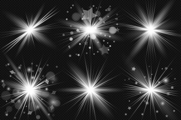 Naklejka premium Glowing light bursts with sparkles. Glow light effect set, lens flare, explosion, glitter, line, sun flash, spark and star. Abstract image of lighting flare and white stars. Vector illustration
