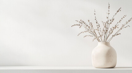 A white vase with dried flowers sits on a white shelf