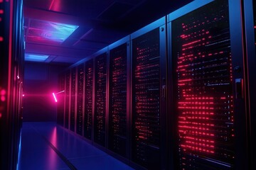 Rows of servers in a data center illuminated with red and blue neon lights.