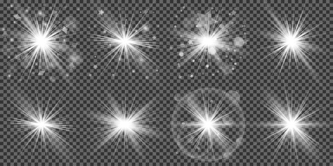 Fototapeta premium Glowing light bursts with sparkles. Glow light effect set, lens flare, explosion, glitter, line, sun flash, spark and star. Abstract image of lighting flare and white stars. Vector illustration