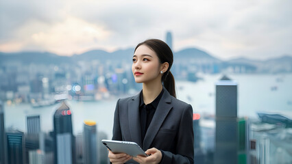 Fototapeta premium A beautiful woman in professional attire, her hand resting on the collar of elegant suit jacket, holding digital tablet with a confident gaze towards distant skyscrapers of Hong Kong skyline.