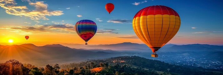 Obraz premium Colorful balloons hovering over the mountains at dawn, against a background of blue sky and greenery
