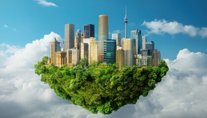 Fototapeta premium A futuristic city, built on a lush green island, floats serenely amidst fluffy white clouds.