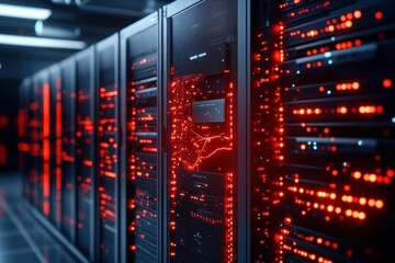 A secure server room under attack by a zero-day exploit, with cyber intelligence tools trying to detect the breach, emphasizing the high stakes of data protection
