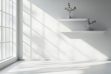 Fototapeta premium A white room with a large window and a white bookshelf, generative ai image
