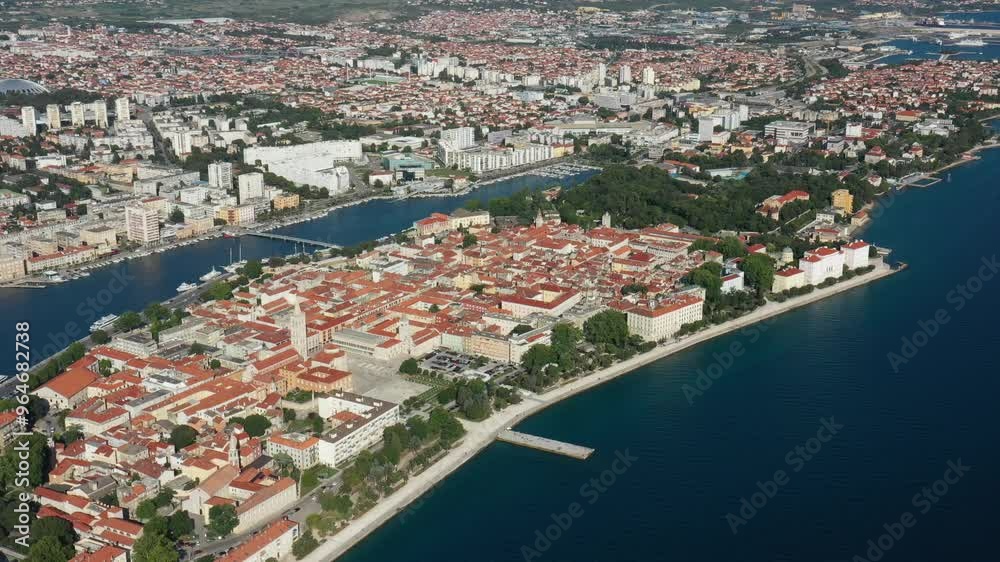 Canvas Prints Aerial shot of Zadar old town, famous tourist attraction in Croatia. Waterfront aerial summer view, Dalmatia region of Croatia. Drone, 4k.